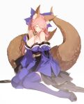  1girl animal_ear_fluff animal_ears bare_shoulders blue_bow blue_kimono blue_legwear bow bsq closed_eyes detached_sleeves fate/grand_order fate_(series) fox_ears fox_girl fox_tail highres japanese_clothes kimono long_hair multiple_tails pelvic_curtain pink_hair short_kimono solo split_ponytail tail tamamo_(fate) tamamo_no_mae_(fate/extra) thighhighs two_tails wide_sleeves 