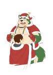  2022 absurd_res anthro belly black_nose canid canine canis christmas christmas_clothing christmas_headwear clothing domestic_dog duo embrace hat headgear headwear hi_res holidays hug human humanoid_hands kemono lifewonders live-a-hero male mammal mokdai moobs overweight overweight_male rotsw santa_hat simple_background surprise video_games white_background 