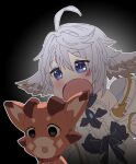  1girl :3 ahoge blush bow_(bhp) creature dress empty_eyes granblue_fantasy head_wings open_mouth vyrn_(granblue_fantasy) wamdus_(granblue_fantasy) white_dress white_hair 