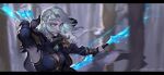  1girl arrow_(projectile) ashe_(league_of_legends) bangs black_sleeves blue_eyes blurry blurry_background bow_(weapon) breasts brush_l cleavage dated detached_sleeves grey_eyes highres holding holding_bow_(weapon) holding_weapon hood hood_down league_of_legends letterboxed long_hair looking_at_viewer medium_breasts medium_hair parted_bangs parted_lips signature solo teeth weapon white_hair 