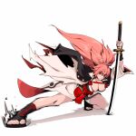  1girl amputee arm_guards baiken bare_legs breasts cleavage eyepatch facial_mark fighting_stance guilty_gear guilty_gear_strive highres holding holding_weapon japanese_clothes katana kimono kneeling large_breasts open_clothes open_kimono pink_hair poliwiloq ponytail red_eyes samurai sandals sash scar scar_across_eye simple_background solo sword tied_hair weapon white_background 