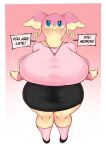  2022 absurd_res audino big_breasts blue_eyes blush blush_lines breasts clothed clothing dialogue english_text eyewear female footwear glasses hi_res huge_breasts insult jewelry looking_at_viewer necklace nintendo pink_body pink_clothing pink_shirt pink_topwear pok&eacute;mon pok&eacute;mon_(species) pok&eacute;morph pouting saltyxodium shirt shoes socks solo speech_bubble standing talking_to_viewer text thick_thighs topwear video_games 