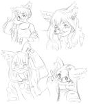  anthro catsnoot clothed clothing ear_piercing eyewear female gesture glasses group hair kemono long_hair looking_at_viewer mammal monochrome off_shoulder piercing short_hair sketch sketch_page v_sign 