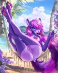  absurd_res anthro breasts butt canid canine canis eyewear female flower genitals glasses hair hammock hi_res jumperkit legs_up mammal nipples nude pawpads paws pink_hair plant purple_body purple_eyes pussy sea smile solo water wolf 