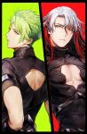  2boys achilles_(fate) back_cutout changye chest_cutout clothing_cutout fate/apocrypha fate/grand_order fate_(series) green_hair male_focus multicolored_hair multiple_boys odysseus_(fate) pectoral_cleavage pectorals red_hair streaked_hair white_hair yellow_eyes 