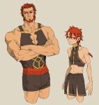  2boys alexander_(fate) armor bare_shoulders beard braid crop_top crossed_arms dual_persona facial_hair fate/grand_order fate/zero fate_(series) iskandar_(fate) leather_armor midriff multiple_boys no_cape older pectoral_cleavage pectorals red_eyes red_hair shorts single_braid tnaym younger 