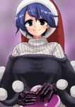  1girl absurdres black_gloves blue_eyes blue_hair breasts doremy_sweet dream_soul gloves hat highres ise_corridor large_breasts nightcap short_hair solo sweater touhou 