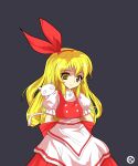  1boy 1girl alphes_(style) apron back_bow bangs blonde_hair bow buttons cat closed_mouth commentary_request ellen_(touhou) frilled_sleeves frills grey_background hair_bow hairband happy kaoru_(gensou_yuugen-an) long_hair parody puffy_short_sleeves puffy_sleeves red_bow red_hairband red_skirt red_vest shirt short_sleeves simple_background skirt smile sokrates_(touhou) standing style_parody tachi-e touhou touhou_(pc-98) upper_body vest waist_apron white_apron white_cat white_shirt yellow_eyes 