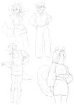  anthro boots bottomwear canid canine canis catsnoot clothing domestic_dog dress eyewear female footwear glasses group hair hands_on_hips kemono long_hair mammal monochrome pants pose short_hair sketch sketch_page skirt sweater sweater_vest topwear vest wavy_hair 