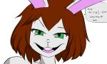  anthro blackpatapon female green_eyes humanoid lagomorph leporid mammal rabbit simple_background smile solo speech_bubble 