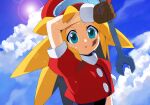  1girl bangs blonde_hair blush breasts brown_gloves cabbie_hat cropped_jacket dirty dirty_face gloves grease green_eyes hat jacket kaidou_zx long_hair looking_at_viewer mega_man_(series) mega_man_legends open_mouth red_headwear red_jacket roll_caskett_(mega_man) short_sleeves sky solo sweat triangle_mouth wrench 