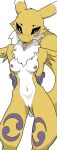  anthro bandai_namco blue_eyes breasts clothing digimon digimon_(species) female fingerless_gloves fur gloves handwear hi_res lavtap nipples renamon solo yellow_body yellow_fur 