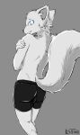  anthro balls big_balls big_butt big_ears big_eyes big_tail blue_eyes bulge butt canid canine canis changed_(video_game) crossed_arms fluffy fluffy_tail fur genitals hi_res humanoid lin_(changed) male mammal solo timid white_body white_fur wolf 