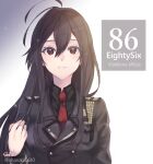  1girl 86_-eightysix- ahoge alternate_eye_color alternate_hair_color artist_name bangs black_hair black_jacket black_shirt character_name closed_mouth collared_shirt copyright_name eyelashes hair_between_eyes highres jacket long_hair long_sleeves looking_at_viewer military military_jacket military_uniform necktie red_eyes red_necktie shanabi0610 shirt smile solo straight_hair twitter_username uniform upper_body very_long_hair vladilena_millize watermark white_background wing_collar 