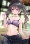  1girl bangs black_hair blush bra breasts electric_fan food long_hair looking_at_viewer nozomi_fuuten original popsicle purple_eyes skirt summer sweat sweatdrop twintails underwear 