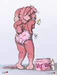  ! 2019 anthro baby_bottle blush butt chocolatekitsune clean_diaper clothed clothing diaper diaper_only diaper_package embarrassed female fur furgonomics grey_hair hair hi_res infantilism lagomorph leporid long_ears looking_at_viewer looking_back mammal pacifier pattern_diaper pink_body pink_diaper pink_eyes pink_fur pink_hair pull_ups rabbit rear_view scut_tail short_tail solo topless 