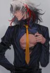  1boy black_hair changye contemporary duplicate fate/grand_order fate_(series) formal lipstick_mark male_focus multicolored_hair necktie odysseus_(fate) open_clothes open_shirt pectoral_cleavage pectorals pixel-perfect_duplicate red_hair solo streaked_hair suit white_hair yellow_eyes 