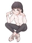  1girl 1ssakawaguchi adjusting_eyewear ahoge black_hair blue_eyes blush glasses highres original shirt shoes short_ponytail sitting sneakers white_background 