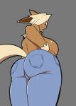  absurd_res anthro big_breasts blue_eyes bottomwear breasts butt canid canine clothed clothing conditional_dnp denim denim_clothing eevee female fox hi_res jeans looking_back mammal nintendo pants pockets pok&eacute;mon pok&eacute;mon_(species) quin-nsfw solo topless video_games 