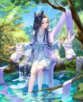  1girl absurdres bangs black_hair blue_eyes blue_ribbon branch bunny chinese_clothes closed_mouth commentary double_bun feet_out_of_frame fingernails forest hagoromo hair_ornament hairpin hanfu highres holding kotosuzu long_hair long_sleeves looking_at_animal nail_polish nature original outdoors parted_bangs petting purple_nails ribbon shawl sitting smile solo tree very_long_hair water wide_sleeves 
