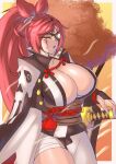  1girl absurdres amputee baiken big_hair black_jacket black_kimono breasts cleavage eyepatch facial_tattoo guilty_gear guilty_gear_strive highres huge_breasts jacket jacket_on_shoulders japanese_clothes katana kimono large_breasts multicolored_clothes multicolored_kimono one-eyed open_clothes open_kimono pink_hair ponytail red_eyes samurai sarashi sash scar scar_across_eye scar_on_face smile sword tattoo the_flying_toaster thighs weapon white_kimono 