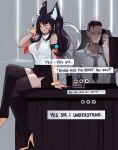  ... 1boy 1girl :3 ahri_(league_of_legends) animal_ear_fluff animal_ears bare_shoulders black_footwear black_hair black_legwear black_skirt boots breasts cleavage cleavage_cutout clothing_cutout commentary_request crossed_legs desk ehrrr english_commentary english_text faceless faceless_male facial_mark fox_ears fox_tail glasses high_heel_boots high_heels highres indoors knee_boots large_breasts league_of_legends long_hair nail_polish office office_lady on_desk pencil_skirt red_nails shirt sitting sitting_on_desk skirt sleeveless sleeveless_shirt smile sparkle tail thighhighs thighhighs_under_boots whisker_markings white_shirt yellow_eyes 