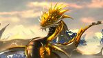  2022 day detailed_background digital_media_(artwork) dragon feral gold_scales hi_res horn looking_at_viewer male scales scalie sky smile solo solo_focus spikes spines telleryspyro western_dragon wings yellow_eyes 