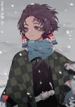  1boy absurdres belt belt_buckle black_jacket brown_hair buckle closed_mouth commentary earrings gakuran haori highres jacket japanese_clothes jewelry kamado_tanjirou kimetsu_no_yaiba male_focus outdoors purple_eyes scar scar_on_face scar_on_forehead school_uniform short_hair smile snow snowing solo symbol-only_commentary taowu_(20809) upper_body 