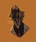  anthro brown_body brown_fur bust_portrait canid canine canis clothed clothing dreamworks fangs fully_clothed fur male mammal mr._wolf_(the_bad_guys) necktie open_mouth orange_background portrait shirt simple_background solo suit teeth the_bad_guys tongue topwear white_clothing wolf yellow_eyes 