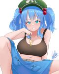  1girl absurdres bangs black_tank_top blue_eyes blue_hair blue_skirt breasts cleavage dated english_commentary flat_cap green_headwear grin hair_bobbles hair_ornament hat highres holding kawashiro_nitori key large_breasts looking_at_viewer natch_imaycz navel pocket short_hair signature simple_background skirt smile solo tank_top touhou two_side_up white_background 