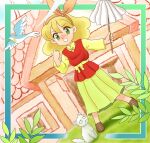  1980s_(style) 1girl blonde_hair bow brown_footwear cat chunpai commentary_request curly_hair ellen_fuwafuwaatama_aureus gohei green_eyes hair_bow hairband hatarakimono long_skirt long_sleeves medium_hair no_socks oonusa open_mouth pink_bow pink_hairband red_vest retro_artstyle sash shirt skirt takemoto_izumi_(style) vest white_cat yellow_bow yellow_sash yellow_shirt yellow_skirt 