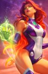  1girl bare_shoulders breasts colored_skin commentary dc_comics english_commentary green_eyes highres large_breasts lipstick long_hair looking_away makeup orange_skin outdoors parted_lips pink_lips red_hair solo stanley_lau starfire teen_titans thick_thighs thighs very_long_hair 