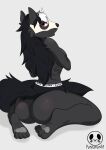  anthro breasts butt canid canine canis clothed clothing crossed_arms feet female hi_res looking_at_viewer looking_back mammal mask pandaman90 panties pawpads paws rear_view side_boob sitting solo topless underwear wolf 