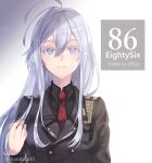  1girl 86_-eightysix- ahoge bangs black_jacket black_shirt character_name closed_mouth collared_shirt copyright_name eyelashes floating_hair grey_eyes hair_between_eyes highres jacket long_hair long_sleeves looking_at_viewer military military_uniform necktie red_necktie shanabi0610 shiny shiny_hair shirt signature silver_hair smile solo straight_hair twitter_username uniform upper_body very_long_hair vladilena_millize watermark white_background wing_collar 