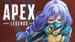  1girl apex_legends bangs blue_bodysuit blue_bow blue_hair bodysuit bow braid copyright_name cosplay depths_of_the_void_wraith green_eyes hair_between_eyes hair_bow holding holding_knife huleito knife kunai leaning_forward logo mask mouth_mask nijisanji red_background solo virtual_youtuber weapon wraith&#039;s_kunai wraith_(apex_legends) wraith_(apex_legends)_(cosplay) yuuki_chihiro 