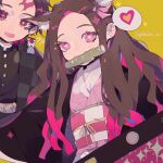  1boy 1girl ? ?? bamboo belt bit_gag brother_and_sister brown_hair chinese_commentary commentary_request dated earrings gag haori heart highres japanese_clothes jewelry kamado_nezuko kamado_tanjirou kemonomimi_mode kimetsu_no_yaiba long_hair looking_at_viewer obi open_mouth pink_eyes pink_hair pink_pupils purple_eyes sash scar scar_on_face scar_on_forehead short_hair siblings simple_background spoken_heart taowu_(20809) upper_body yellow_background 