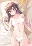  1girl absurdres bangs bare_shoulders bed_sheet blush bra breasts brown_hair brown_legwear collarbone highres long_hair looking_at_viewer lying medium_breasts navel on_back on_bed open_mouth original panties pantyhose parted_lips pillow red_eyes solo thighs tomozero underwear white_bra white_panties 