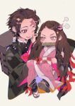  1boy 1girl absurdres backpack bag bamboo bit_gag brother_and_sister brown_hair brown_nails carrying carrying_person chinese_commentary commentary_request dated earrings gag hair_ribbon haori highres japanese_clothes jewelry kamado_nezuko kamado_tanjirou kimetsu_no_yaiba kimono long_hair obi one_eye_closed parted_lips pink_eyes pink_kimono pink_nails pink_ribbon princess_carry purple_eyes ribbon sash scar scar_on_face scar_on_forehead siblings slippers smile solo taowu_(20809) white_background 