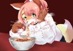  5_fingers absurd_res anthro bodily_fluids canid canine chopsticks clothing dipstick_tail eyebrow_through_hair eyebrows female fingers food fox green_eyes hair head_on_hand hi_res kemono leaning leaning_forward looking_at_viewer mammal markings noodles open_mouth ou_sakuraba_(shinobe) pink_hair ramen red_background red_fox shinobe shirt simple_background solo soup sweat tail_markings topwear translucent translucent_hair wet wet_clothing white_clothing white_shirt white_topwear 