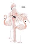  1girl asymmetrical_pants belt bird black_hair closed_eyes flamingo gradient_hair heart long_hair long_sleeves multicolored_hair original partially_submerged pink_feathers pink_hair simple_background solo spoken_heart tembin_3 white_background 