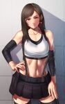  1girl bangs bare_shoulders blush breasts brown_hair collarbone compression_sleeve contrapposto cowboy_shot crop_top earrings final_fantasy final_fantasy_vii final_fantasy_vii_remake fingernails glint hair_behind_ear hand_on_hip highres jewelry legs_apart long_hair looking_at_viewer midriff miniskirt navel parted_bangs pleated_skirt red_eyes shirt skirt smile solo sunlight suspender_skirt suspenders tank_top taut_clothes taut_shirt thighhighs tifa_lockhart tile_wall tiles toin_(koto54576897) wall white_tank_top zettai_ryouiki 