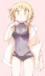  1girl bikini black_bikini blonde_hair bodystocking breasts collarbone eyebrows_visible_through_hair highres ichii_yui long_hair looking_at_viewer low_twintails majormilk medium_breasts navel parted_lips solo swimsuit twintails yellow_eyes yuyushiki 