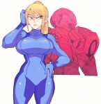  1girl armor bangs blonde_hair blue_eyes bodysuit breasts cowboy_shot hand_in_hair hand_on_hip helmet highres inkerton-kun large_breasts metroid metroid_dread mole mole_under_mouth ponytail power_suit samus_aran skin_tight solo swept_bangs zero_suit 