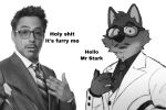  2022 anthro beard canid canine canis claws clothed clothing dialogue dreamworks dress_shirt duo edit english_text eyebrows eyewear facial_hair fur glasses greyscale hair hi_res human humanoid_hands humor jacket looking_at_viewer male mammal meme monochrome mr._wolf_(the_bad_guys) mustache necktie profanity real robert_downey_jr shirt square_crossover stuff_(character) suit text thatlazyrat the_bad_guys topwear tuft wolf 