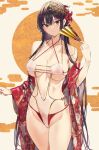  1girl bangs bare_shoulders bikini black_hair breasts closed_mouth collarbone cowboy_shot floral_print flower folding_fan groin hair_flower hair_ornament haitekudasai_takamine-san hand_fan highres hiiragi_yuuichi holding holding_fan japanese_clothes kimono large_breasts long_hair looking_at_viewer one-piece_swimsuit open_clothes open_kimono red_bikini red_eyes red_flower red_kimono skindentation solo swimsuit takamine_takane thighs very_long_hair white_flower wide_sleeves 