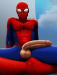  anthro balls big_penis clothing costume erection genitals hermesdidit hi_res human low-angle_view male mammal marvel outside penis simple_background solo spider-man_(character) spider-man_(series) 