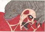  claws colossal_titan commentary crossover english_commentary godzilla godzilla_(2014) godzilla_(legendary) godzilla_(series) highres kaijuu monster open_mouth scales shingeki_no_kyojin teeth tyrannuss555 