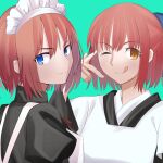  2girls :q apron aqua_background bangs black_dress black_kimono blue_bow blue_eyes bow closed_mouth commentary_request dress eyebrows_visible_through_hair hair_between_eyes hair_bow half_updo hisui_(tsukihime) japanese_clothes juliet_sleeves kimono kohaku_(tsukihime) long_sleeves looking_at_viewer maid maid_apron maid_headdress multiple_girls one_eye_closed puffy_sleeves red_hair short_hair siblings simple_background sisters smile tongue tongue_out tsukihime tsukihime_(remake) ttumupen twins upper_body v wa_maid white_apron wide_sleeves yellow_eyes 