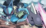  commentary_request energy from_below hyou_(hyouga617) incoming_attack looking_at_viewer lucario outline pink_eyes pokemon pokemon_(creature) solo spikes yellow_fur 