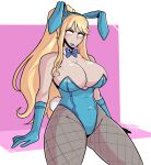  absurdres alternate_costume animal_costume animal_ears blonde_hair blue_eyes blue_leotard blue_lips bunny_costume bunny_girl costume embarrassed gloves highres leotard loggus_doggus long_hair metroid mole nintendo non-web_source playboy_bunny ponytail rabbit_ears rabbit_tail samus_aran shiny shiny_clothes shiny_gloves spread_legs tail 